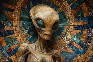 ai generato alieno forma mosaico su alieno tempio soffitto foto