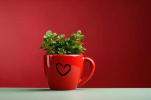 ai generato rosso boccale con un' cuore a partire dal quale verde pianta cresce, san valentino giorno sfondo. generativo ai foto