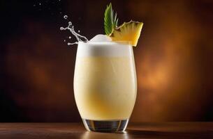 ai generato alcolizzato cocktail Pina colada, estate cocktail con Noce di cocco e ananas, morbido bevanda con Ghiaccio, internazionale baristi giorno, buio sfondo, di legno tavolo foto