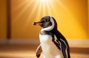 ai generato mondo pinguino giorno, divertente poco pinguino, giallo sfondo, sole raggi foto