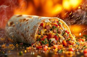 ai generato annuncio pubblicitario per burrito, con un' stuzzicante burrito scoppiando con fresco ingredienti, impostato contro un' vivace e vivace sfondo, riflettore gusto e freschezza foto