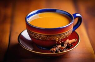 ai generato holi, un' celebrazione di primavera e luminosa colori nel India, nazionale indiano bere, tradizionale indiano cucina, indiano masala Tè, tè con spezie e latte foto