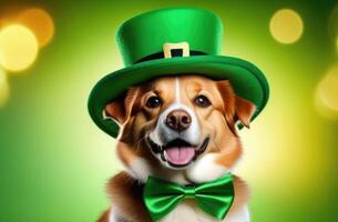 ai generato st. Patrick giorno, divertente sorridente cane, verde vacanza cappello, cane nel un' verde fata cappello, cucciolo nel un' verde arco legare, verde sfondo, d'oro bokeh effetto foto