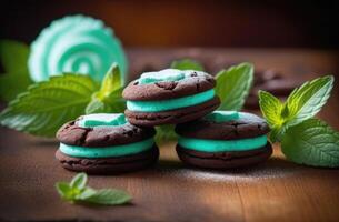 ai generato st. Patrick giorno, tradizionale irlandesi pasticcini, nazionale irlandesi cucina, menta biscotti con cioccolato Riempimento, cioccolato dolce foto