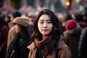 ai generato giovane bellissimo Cinese donna nel il città strada. foto