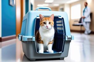 ai generato mondo gatto giorno, veterinari visita medica, veterinario clinica, animale trattamento, animale domestico Zenzero gatto nel un' vettore, medicinali per gatti, ospedale corridoio foto