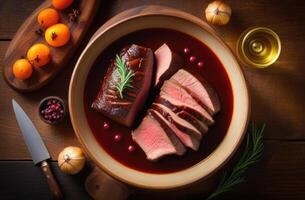 ai generato purim, nazionale ebraico cucina, tradizionale ebraico piatto, brasato al vino Manzo petto, carne bistecca con la verdura, erbe aromatiche e spezie, bellissimo servendo, superiore Visualizza foto