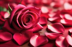 ai generato San Valentino giorno, La madre di giorno, nazionale nonne giorno, internazionale Da donna giorno, uno rosso rosa, rosso rosa petali sparpagliato su il tavolo foto