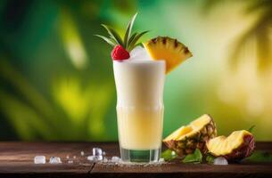 ai generato morbido bevanda con Ghiaccio, estate cocktail con Noce di cocco e ananas, alcolizzato cocktail Pina colada, internazionale baristi giorno, tropicale sfondo, di legno tavolo foto