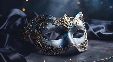 ai generato bellissimo blu carnevale maschera su un' nero sfondo. foto