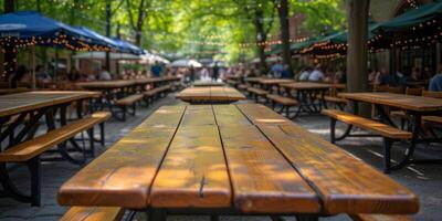 ai generato un' riga di di legno picnic tavoli nel un' parco foto