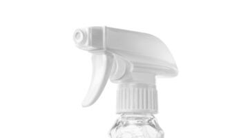 vicino Visualizza di un' plastica spray di bottiglia testa per dispersione isolato su un' bianca sfondo foto