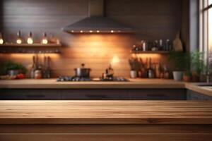 ai generato vuoto di legno tavolo con sfocato Marrone cucina sfondo, idea per visualizzazione Prodotto foto