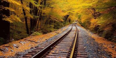 ai generato treno Ferrovia sentiero modo mezzi di trasporto al di fuori natura paesaggio Visualizza. avventura autunno stagione foto