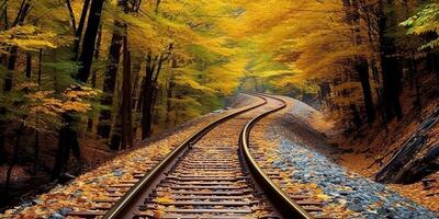 ai generato treno Ferrovia sentiero modo mezzi di trasporto al di fuori natura paesaggio Visualizza. avventura autunno stagione foto