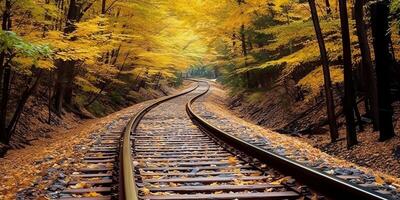 ai generato treno Ferrovia sentiero modo mezzi di trasporto al di fuori natura paesaggio Visualizza. avventura autunno stagione foto