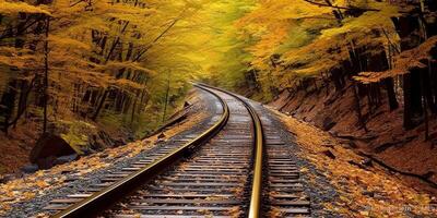 ai generato treno Ferrovia sentiero modo mezzi di trasporto al di fuori natura paesaggio Visualizza. avventura autunno stagione foto