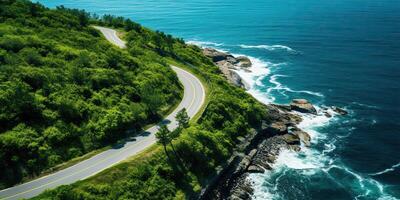 ai generato bellissimo natura all'aperto avventura strada viaggio viaggio strada sentiero autostrada con oceano mare costa foto