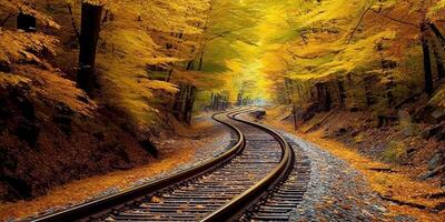 ai generato treno Ferrovia sentiero modo mezzi di trasporto al di fuori natura paesaggio Visualizza. avventura autunno stagione foto