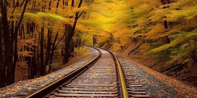 ai generato treno Ferrovia sentiero modo mezzi di trasporto al di fuori natura paesaggio Visualizza. avventura autunno stagione foto