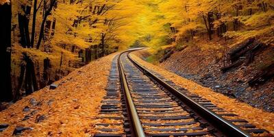 ai generato treno Ferrovia sentiero modo mezzi di trasporto al di fuori natura paesaggio Visualizza. avventura autunno stagione foto