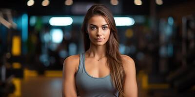 ai generato in forma sportivo donna ragazza femmina atleta a Palestra sfondo nel bene forma e sport vestito. ritratto viso con foto