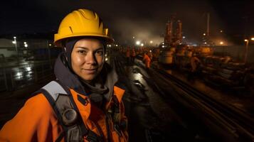 ai generato donna indossare difficile cappello e sicurezza Ingranaggio a posto di lavoro foto