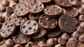 ai generato assortito cioccolato caramella pezzi e cioccolato patatine fritte su di legno sfondo foto