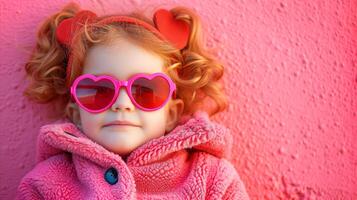 ai generato sorridente ragazza con cuore sagomato occhiali da sole contro un' rosa parete foto