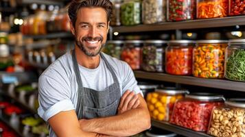 ai generato uomo in piedi nel davanti di pieno di cibo memorizzare foto