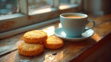 ai generato mattina caffè e biscotti su un' rustico di legno tavolo foto