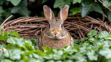 ai generato coniglio seduta Il prossimo per erba e cestino foto