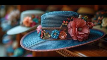 ai generato elegante decorato le signore cappello con floreale abbellimenti nel un' cappello negozio foto