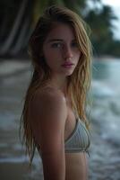 ai generato sereno giovane donna a il spiaggia con bagnato capelli e bikini foto