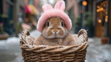 ai generato un' coniglio indossare un' rosa cappello è seduta nel il cestino. foto