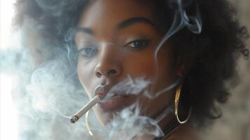 ai generato donna fumo un' sigaretta con Fumo In arrivo su di sua bocca foto
