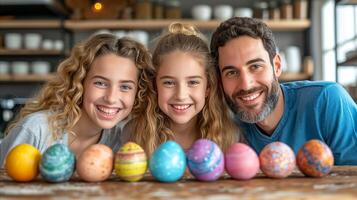 ai generato un' famiglia in posa nel davanti di il dipinto colorato Pasqua uova per Pasqua foto