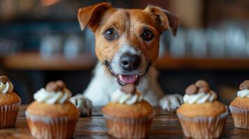 ai generato adorabile cane circondato di cupcakes su tavolo, Perfetto per animale domestico forno foto