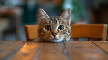 ai generato curioso gatto sbirciando al di sopra di di legno tavolo, travolgente felino occhi foto