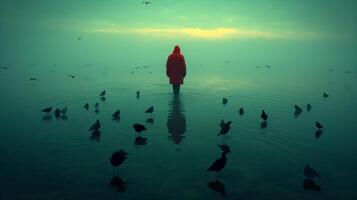 ai generato solitario figura nel rosso incappucciato mantello in piedi nel tranquillo, calmo acqua in mezzo uccelli a crepuscolo foto