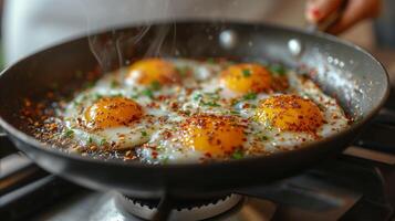 ai generato avvicinamento di fritte uova nel un' padella con stagionatura su stufa foto
