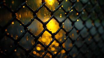 ai generato gocce di pioggia scintillante su collegamento a catena recinto con d'oro bokeh sfondo foto