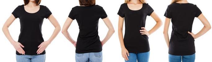 due donne in t-shirt nera immagine ritagliata vista anteriore e posteriore, set di t-shirt, t-shirt mockup vuota foto