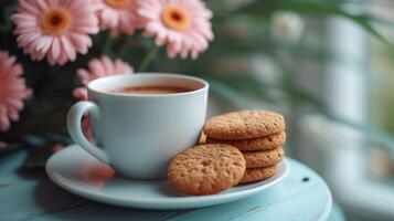 ai generato caffè tazza con biscotti su un' luminosa giorno, avvicinamento di un' accogliente merenda foto