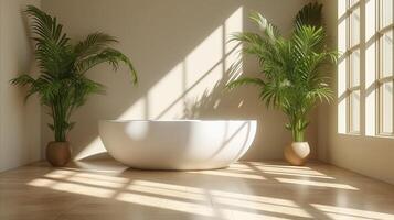 ai generato moderno bagno interno con luce del sole e in vaso impianti foto