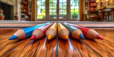ai generato colorato arte matite foderato su su un' di legno tavolo con camera sfondo foto