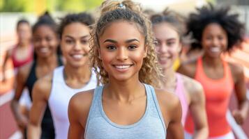 ai generato gruppo di donne nel gli sport reggiseni e serbatoio cime foto