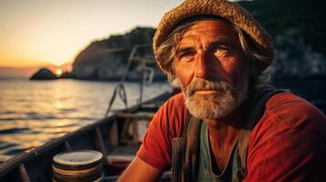 ai generato uomo seduta su barca nel acqua foto