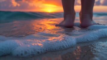 ai generato persona in piedi su superiore di coperto d'onde spiaggia foto