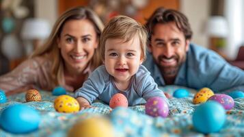 ai generato un' famiglia in posa con loro bambino nel davanti di il dipinto colorato Pasqua uova foto